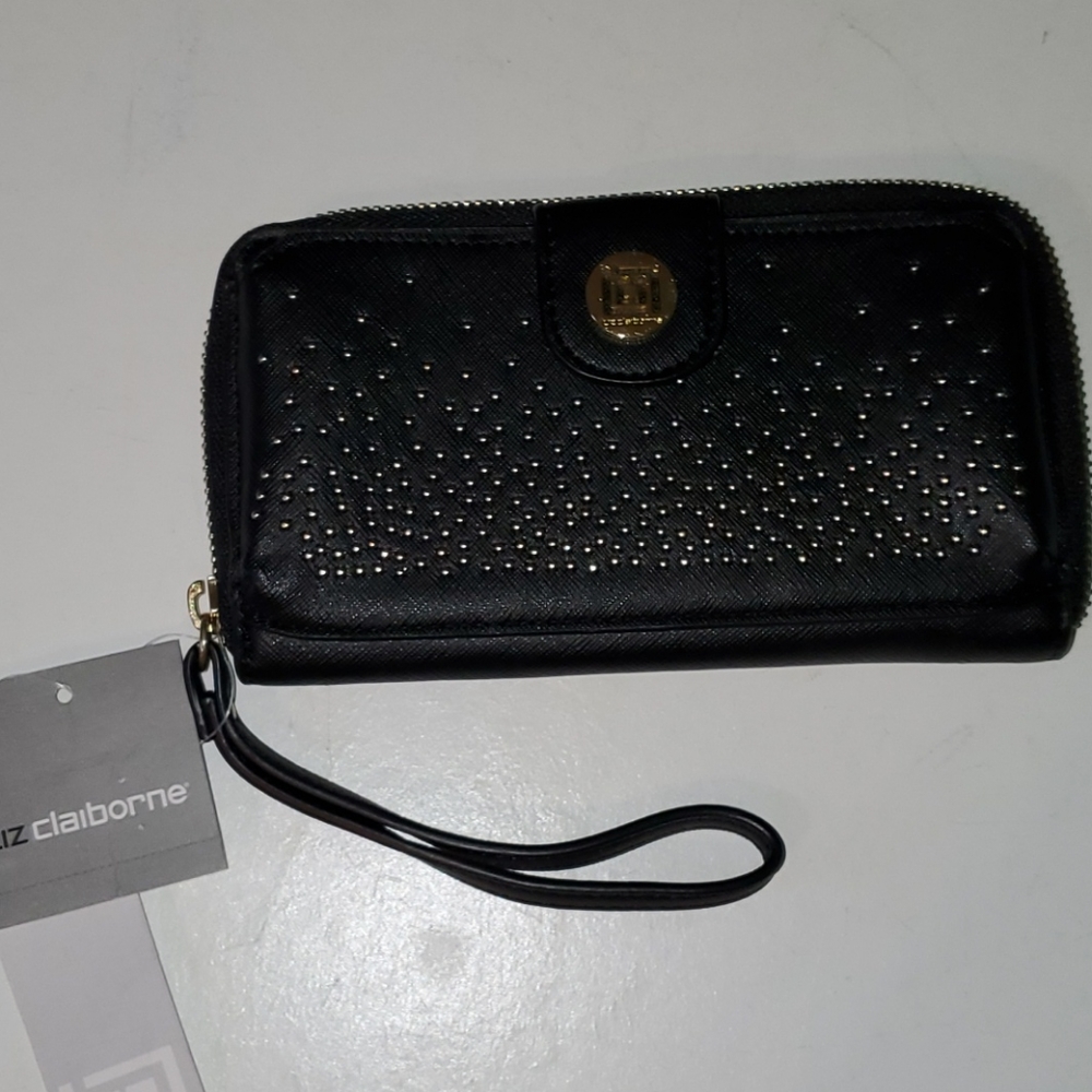 NEW Liz Claiborne black & gold clutch wallet